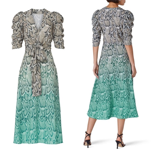 AFRM Teal Ombre Colorblock Snake Print Puff Sleeve Tie Plunge V-Neck Dress XS - Picture 7 of 7